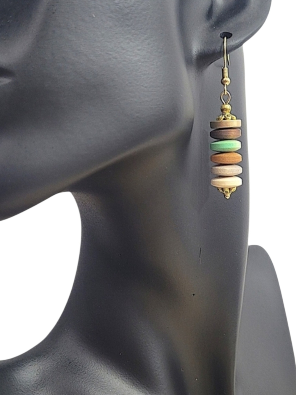 Hand Crafted Gold and Green Stacked Earrings Wood Dangle